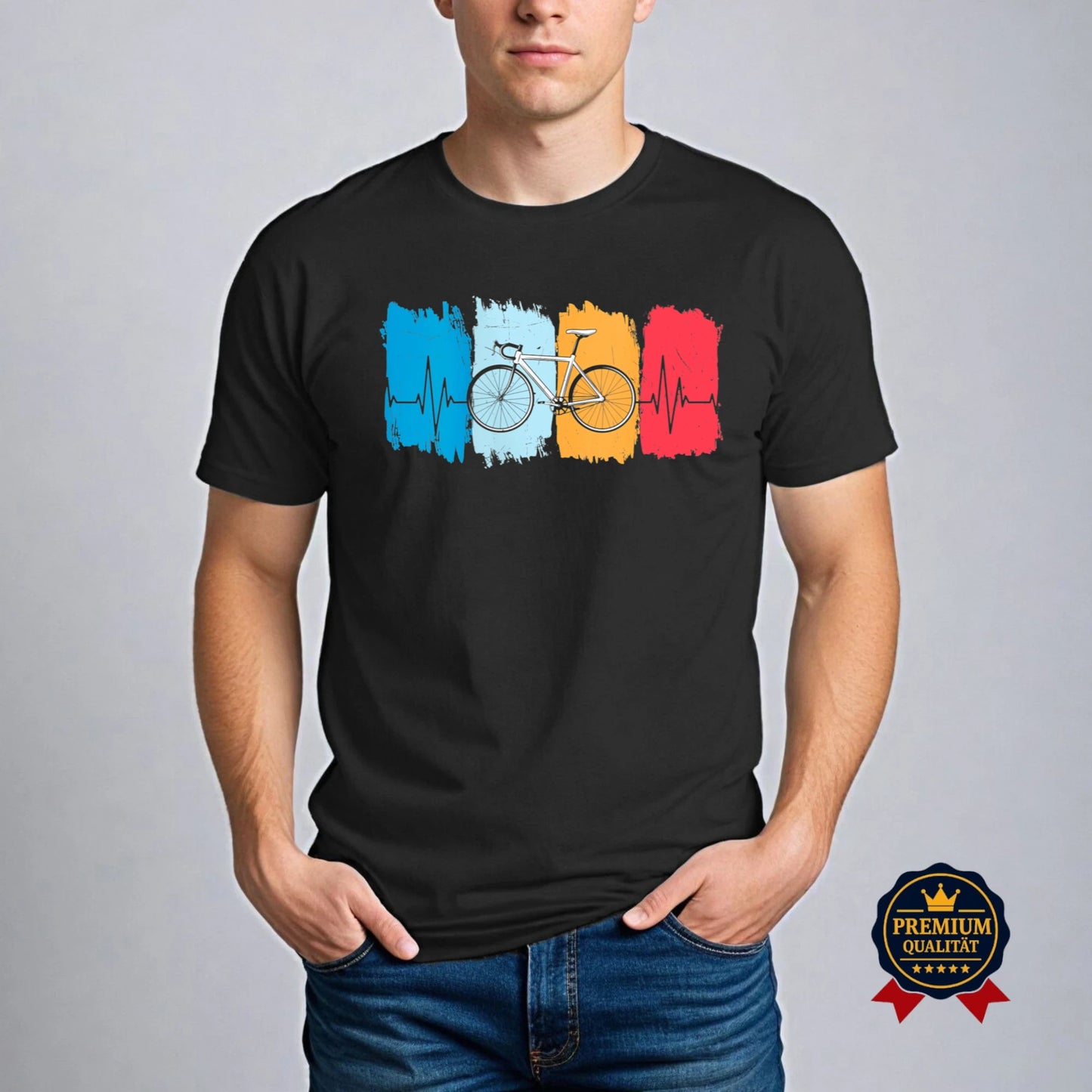 Schwarzes Fahrrad T-Shirt mit Herzschlag-Grafik in Blau, Gelb und Rot – perfekt für stilbewusste Radfahrer.