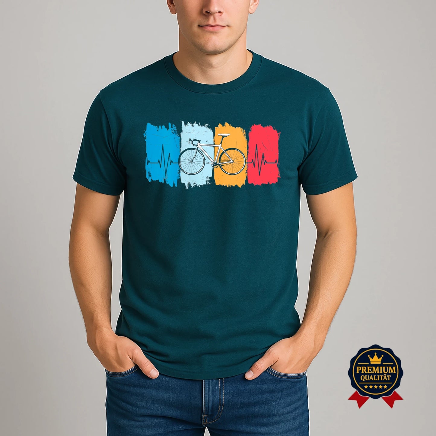 Tiefblaues Fahrrad T-Shirt mit farbigem Herzschlag-Motiv – für emotionale und stilvolle Bike-Abenteuer.