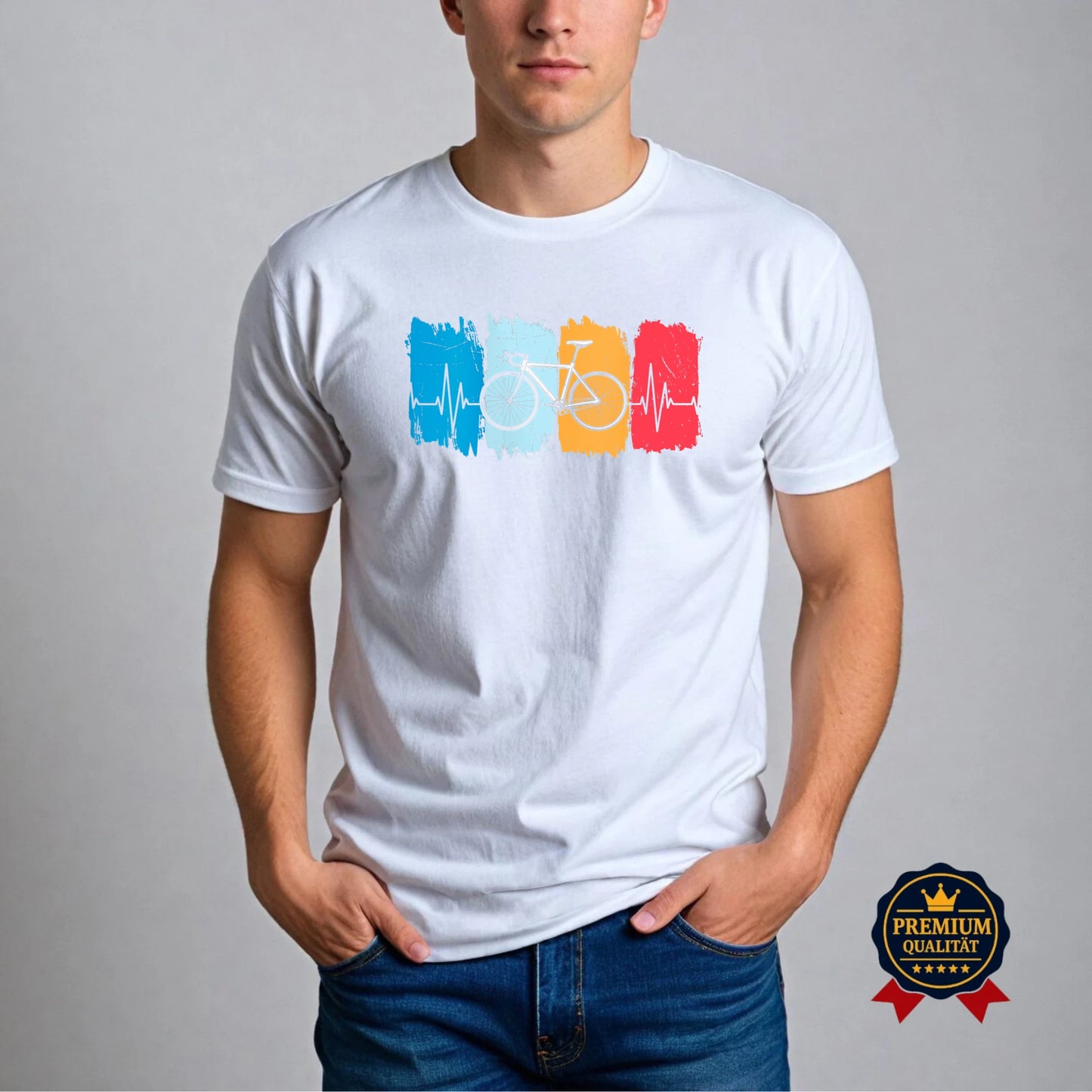 Weißes Fahrrad T-Shirt mit buntem Herzschlag-Print – sportlich, lebendig und voller Bike-Spirit.