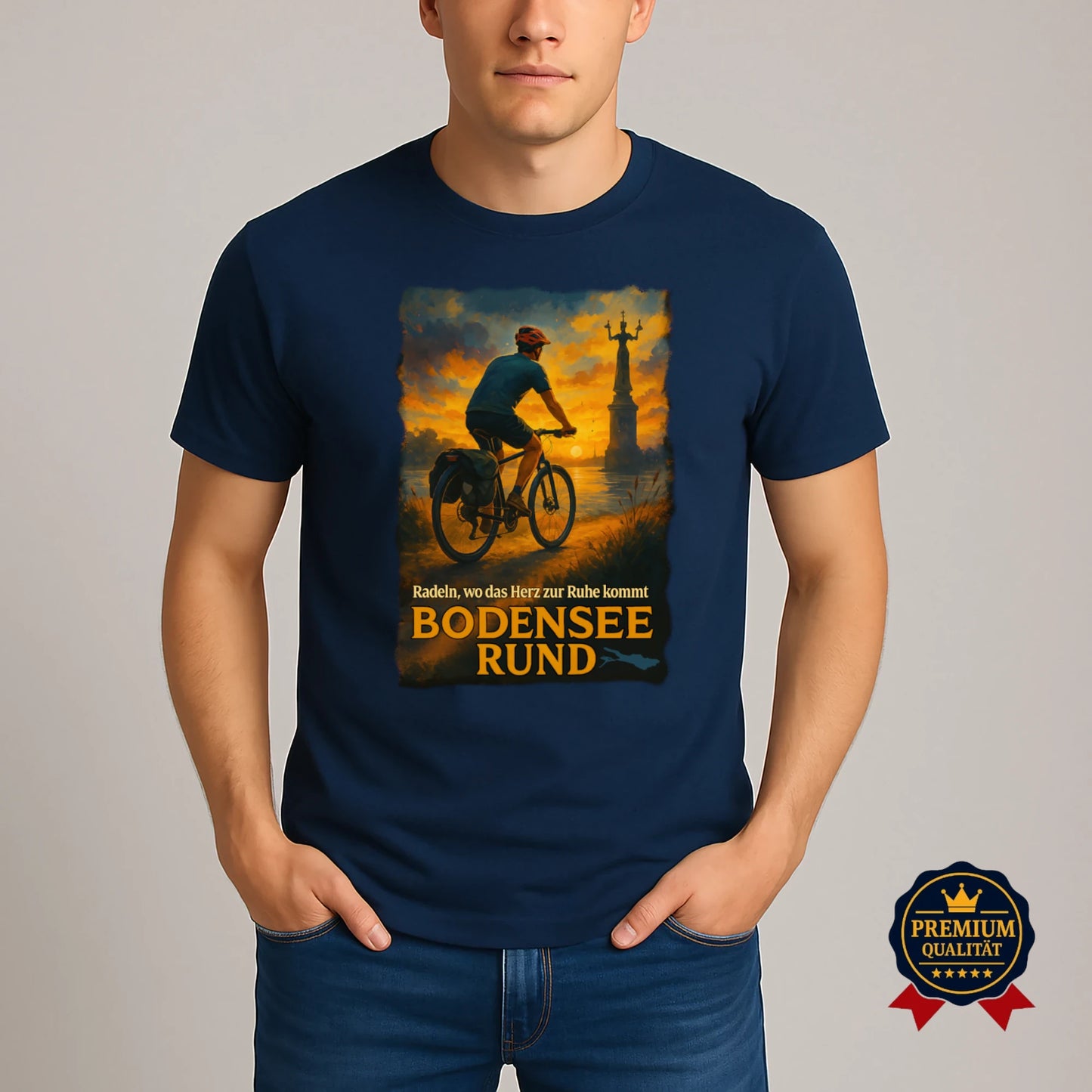 Mann trägt dunkelblaues Bodensee T-Shirt mit Radfahrer-Motiv bei Sonnenuntergang – Fahrrad Rundtour Design in Premium-Qualität