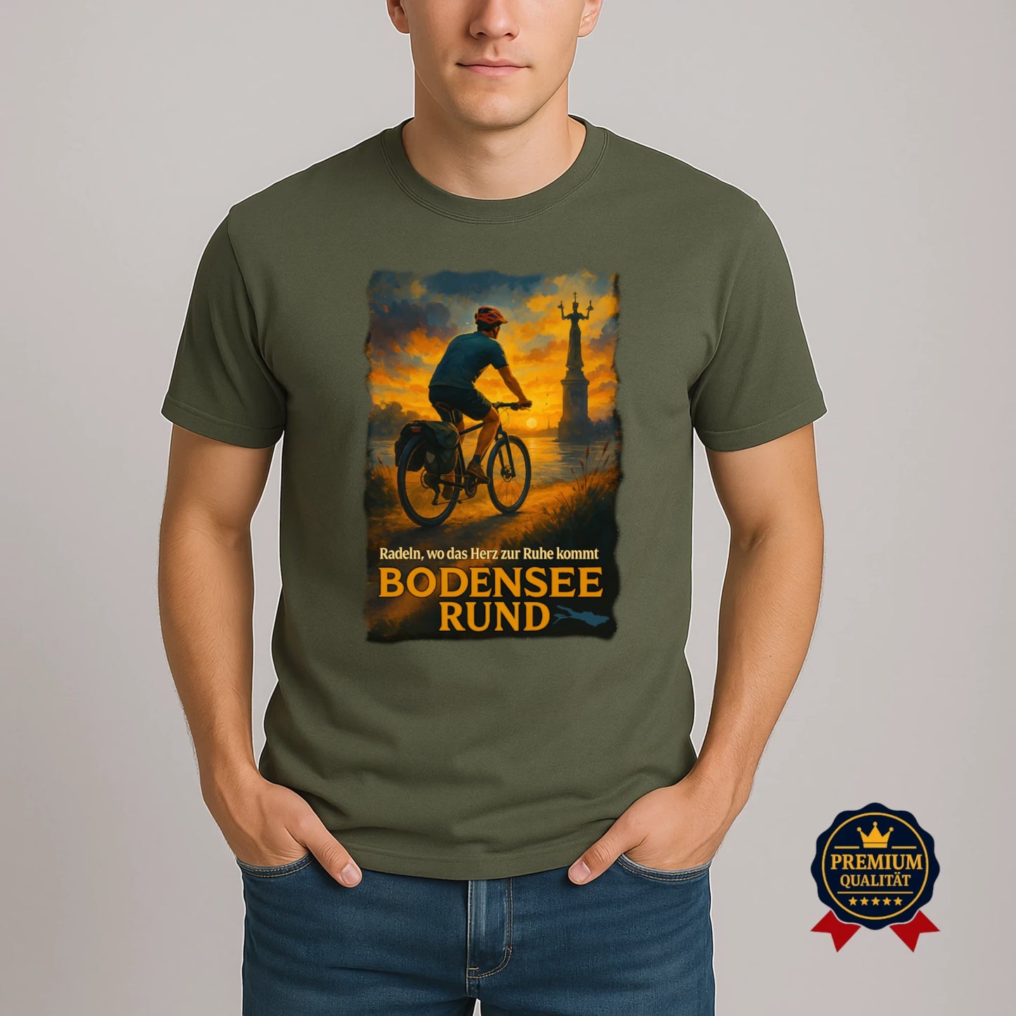 Mann trägt khakifarbenes Bodensee T-Shirt mit Radfahrer-Motiv – Sonnenuntergang & Rundtour-Design in Premium-Qualität