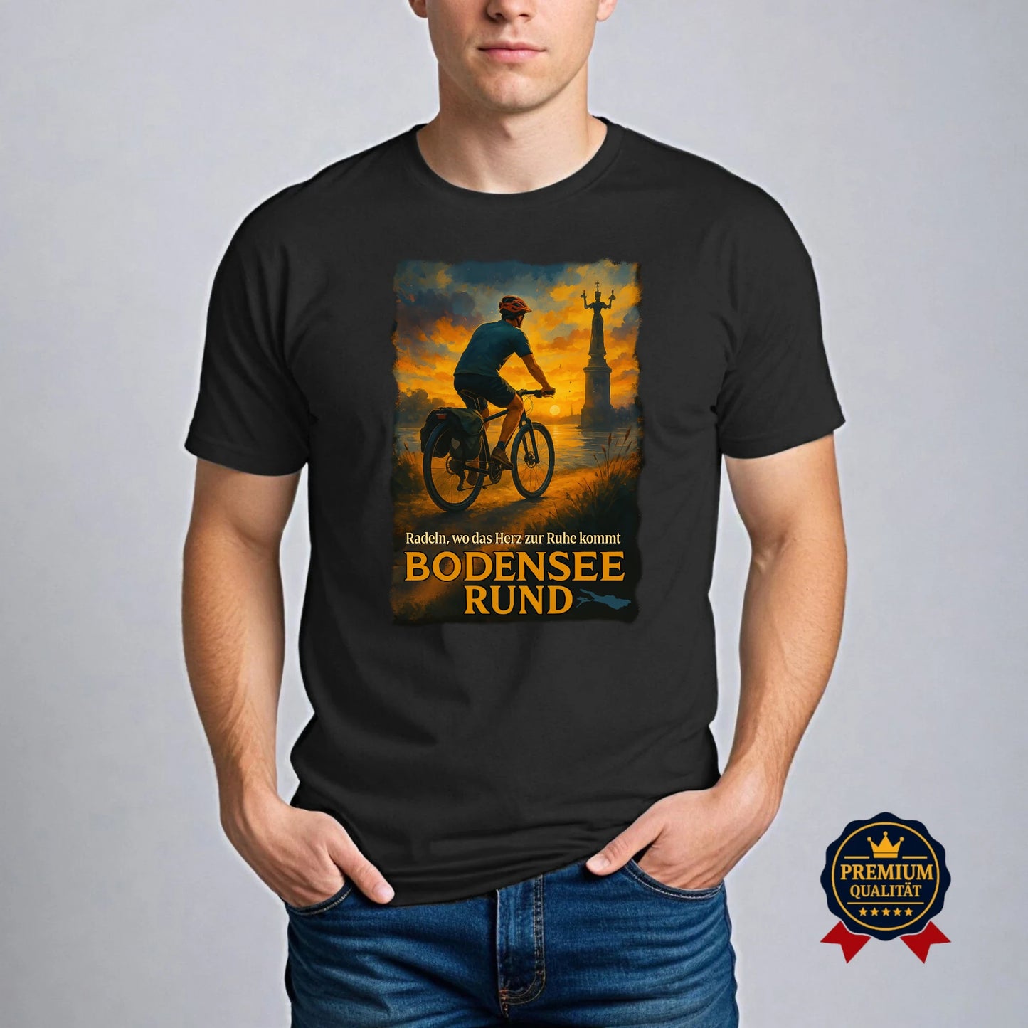Mann trägt schwarzes Bodensee T-Shirt mit Radfahrer-Motiv bei Sonnenuntergang – Premium Design für Radfahrer