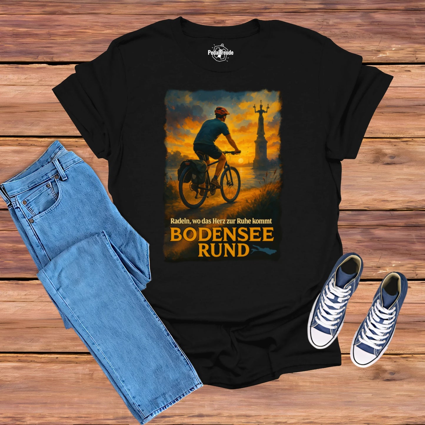 T-Shirt mit Radfahrer-Motiv bei Sonnenuntergang am Bodensee – Bodensee Rund Design auf schwarzem Shirt