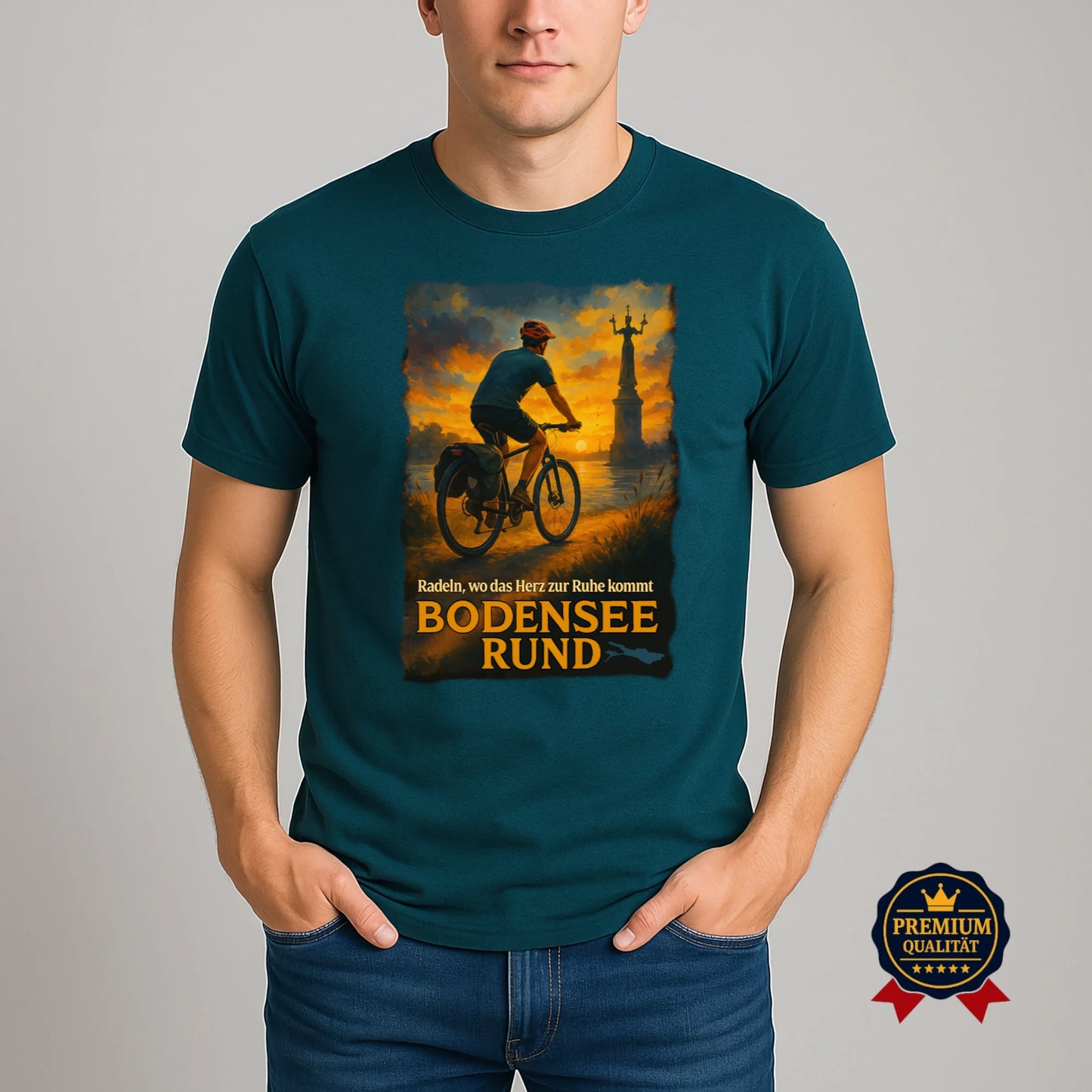 Mann trägt stargazer-farbenes Bodensee T-Shirt mit Radfahrer-Motiv – Rundtour-Design bei Sonnenuntergang in Premium-Qualität