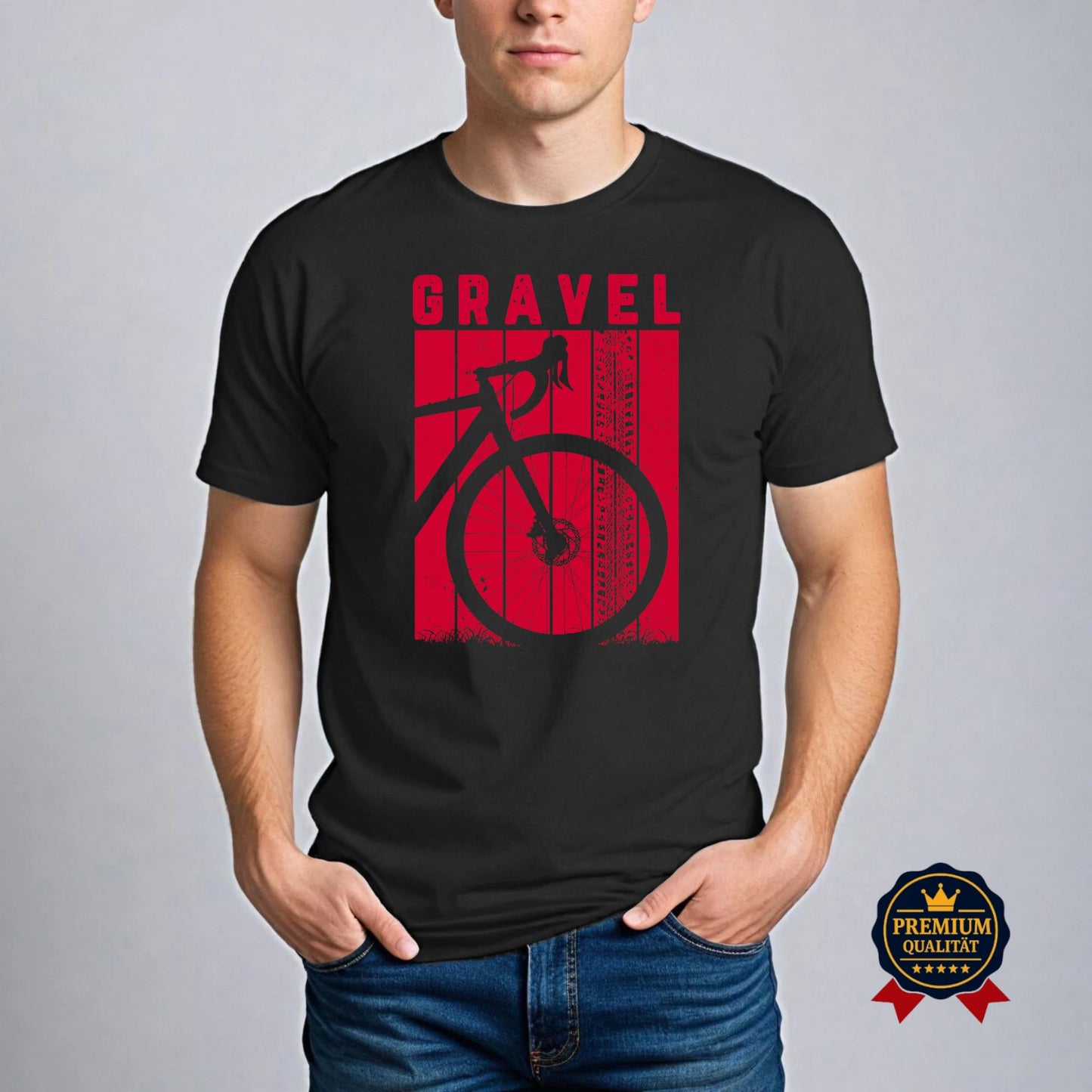 Schwarzes T-Shirt mit markantem Gravelbike-Motiv in Rot – für leidenschaftliche Offroad-Fahrer.
