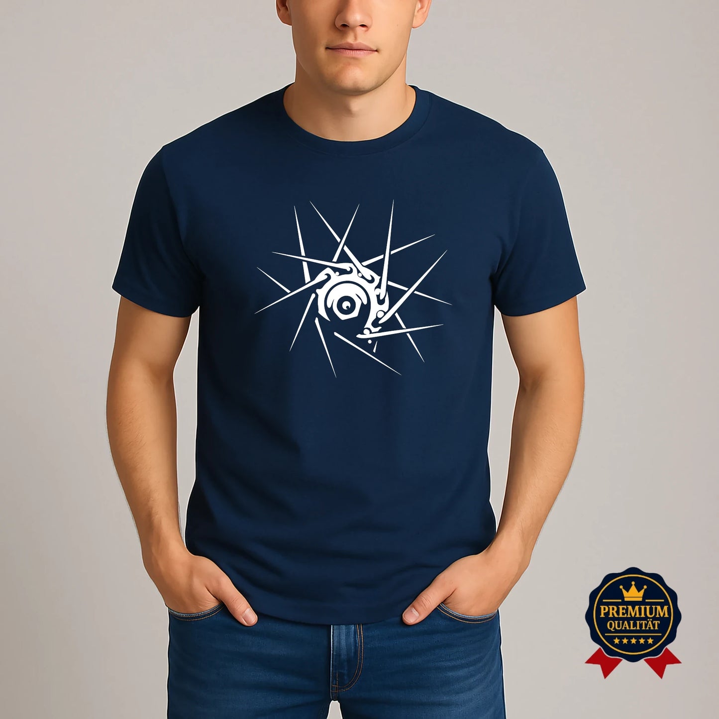Tiefblaues Fahrradshirt mit stilisiertem Nabendesign – ideal für urbane Radfahrer