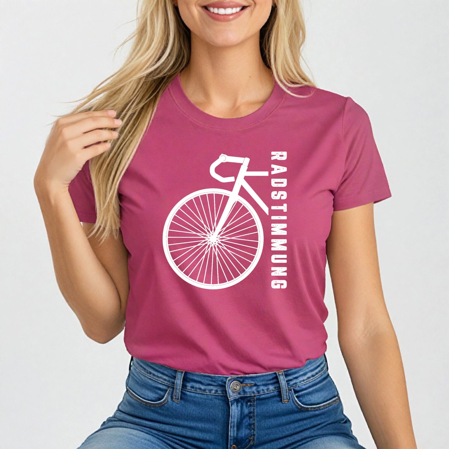 Damen T-Shirt mit schlichtem Fahrraddesign und vertikalem Text Radstimmung, ideal für stilvolle und begeisterte Fahrradfahrerinnen.
