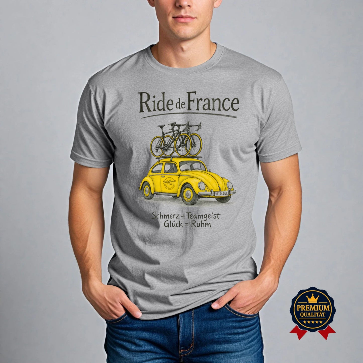 Ride de France T-Shirt in Grau mit gelbem VW Käfer, zwei Rennrädern und Retro Design für Fahrradfans