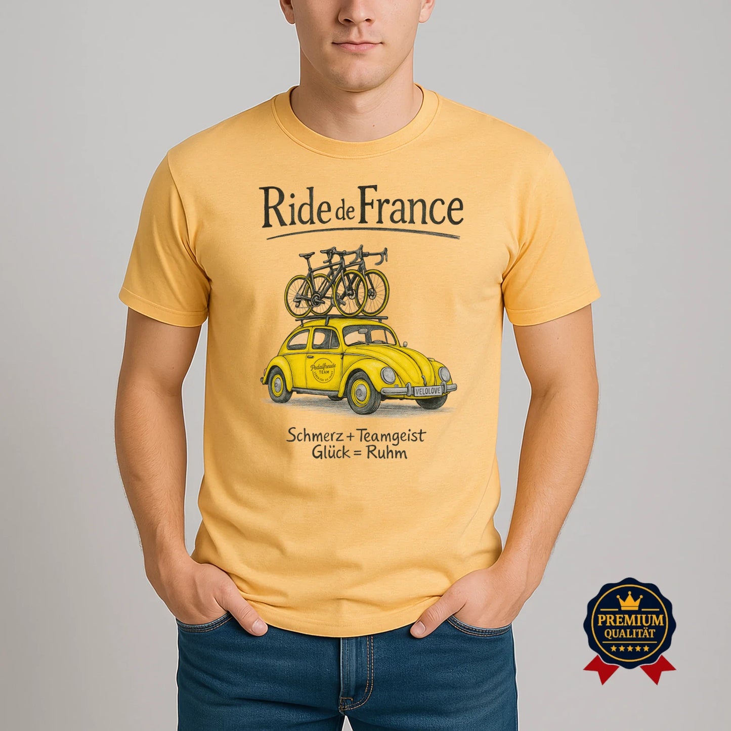 Ride de France T-Shirt in Nispero mit VW Käfer, zwei Rennrädern und Retro Fahrrad-Design für echte Bike-Fans