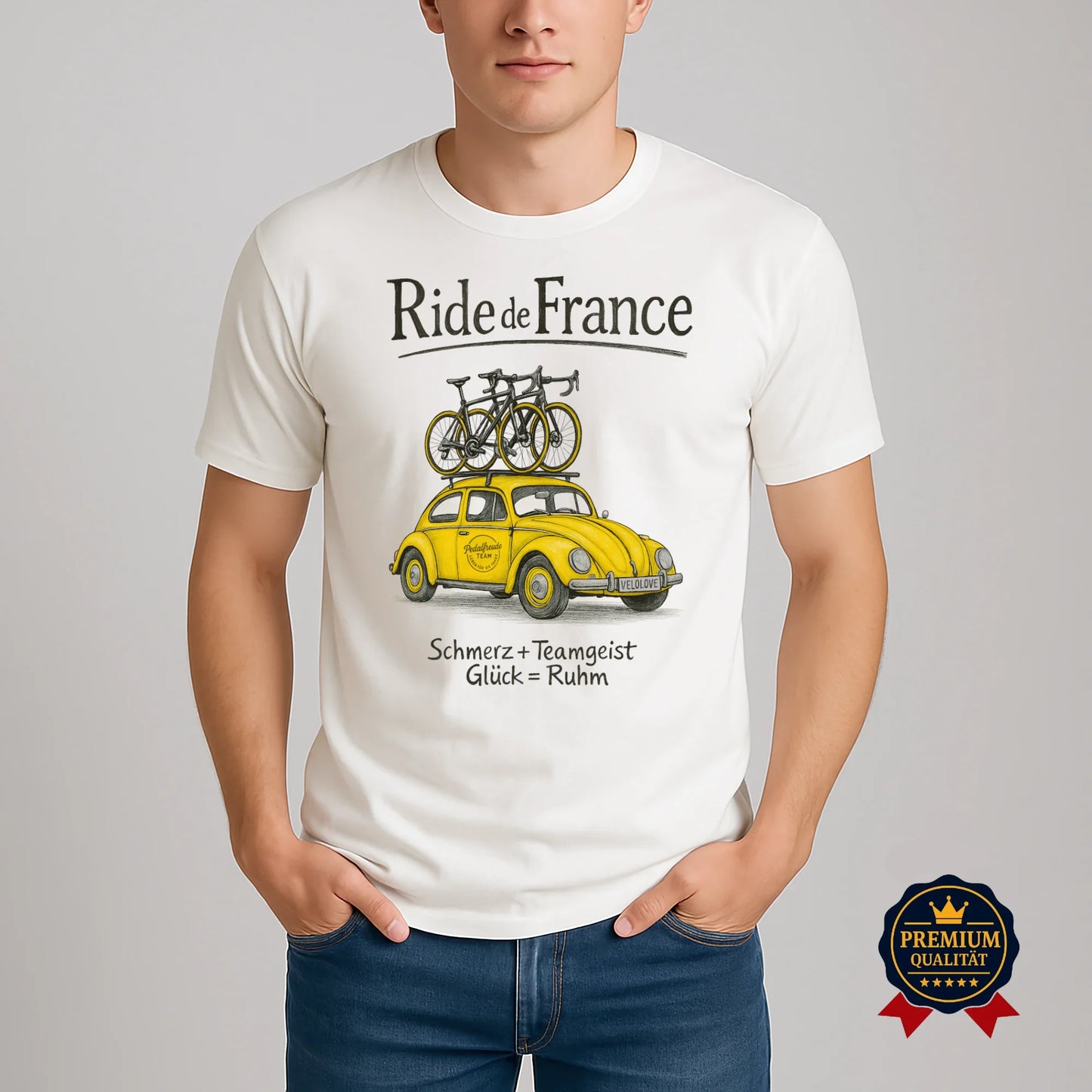 Ride de France T-Shirt in Vintage White mit gelbem VW Käfer, zwei Rennrädern und einzigartigem Retro-Design