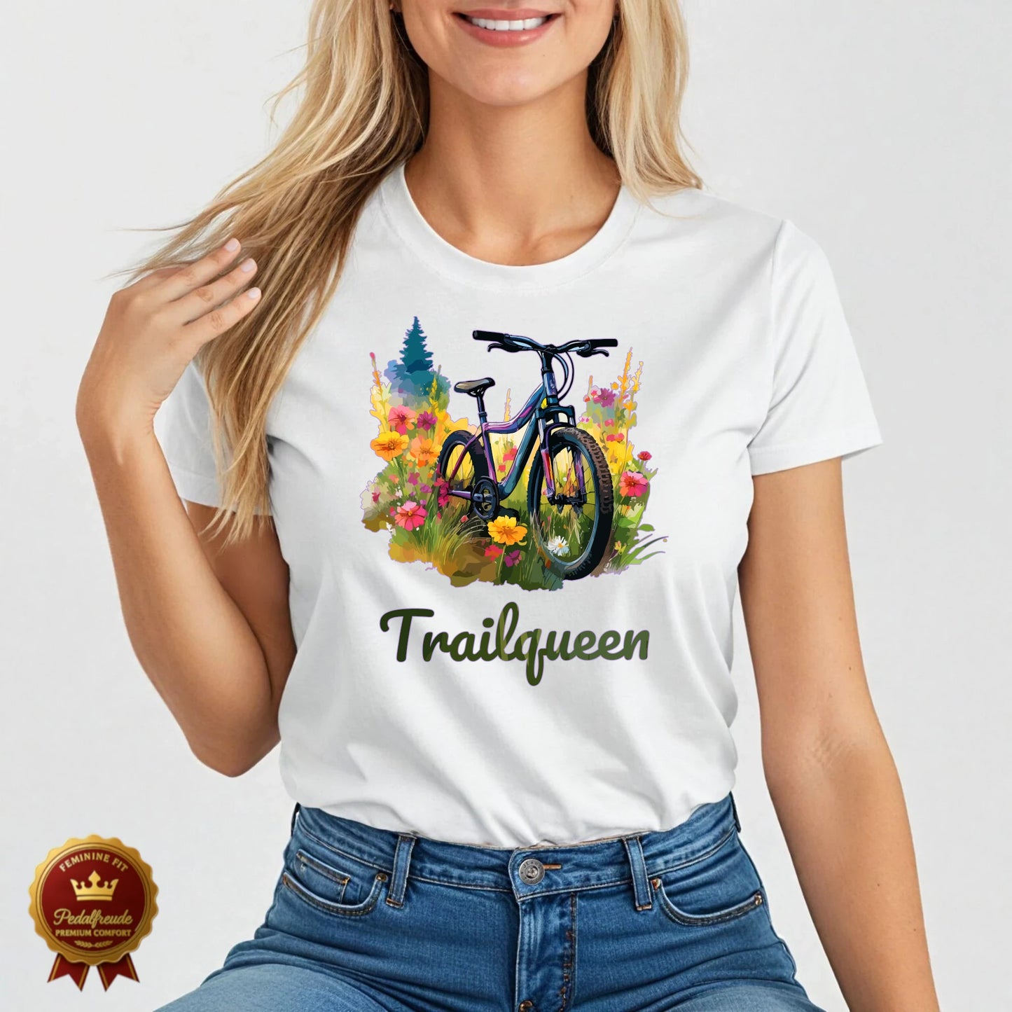MTB Damen T-Shirt in Weiß – Retro Blumenmotiv mit Fahrrad und "Trailqueen" Schriftzug in Grün – Ideal für Mountainbike-Enthusiastinnen und Outdoor-Abenteuer