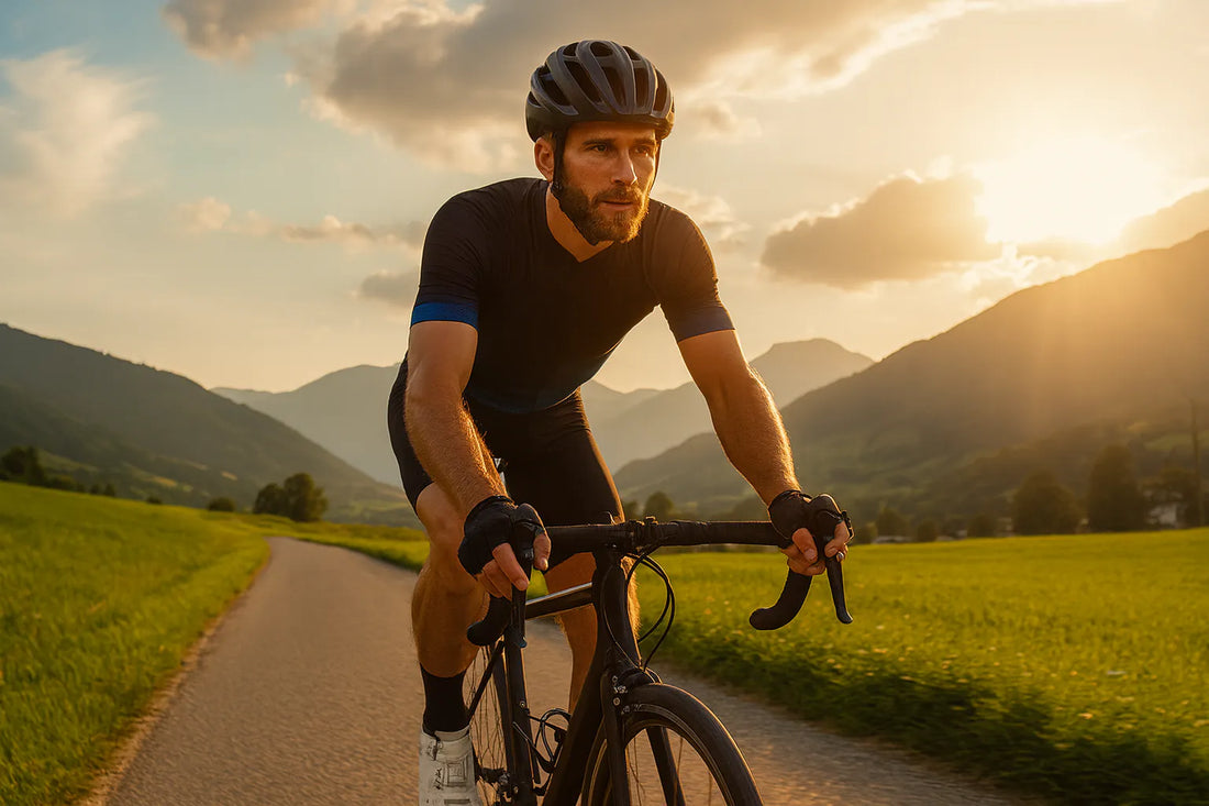 Echter Radfahrer auf einer ruhigen Landstraße bei Sonnenuntergang – ein Moment, den nur Radfahrer wirklich verstehen.