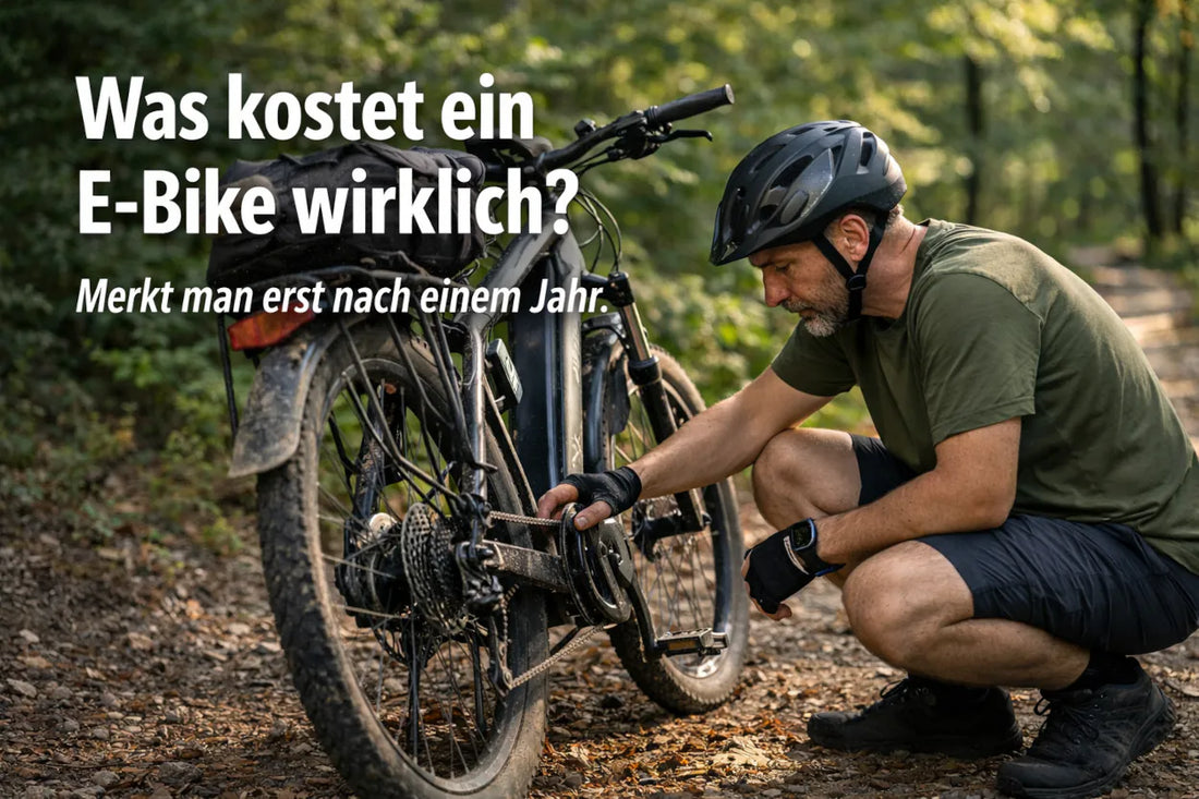 E-Bike Fahrer prüft Kette und Antrieb seines Fahrrads im Wald – typische Wartung und laufende Kosten eines E-Bikes