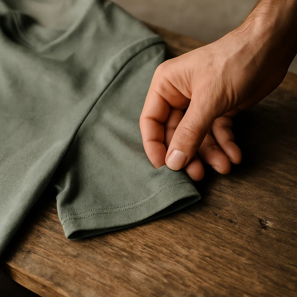 Hand greift den Saum eines Bio-Baumwoll-T-Shirts – Detailaufnahme für nachhaltige Mode, Langlebigkeit und bewussten Konsum