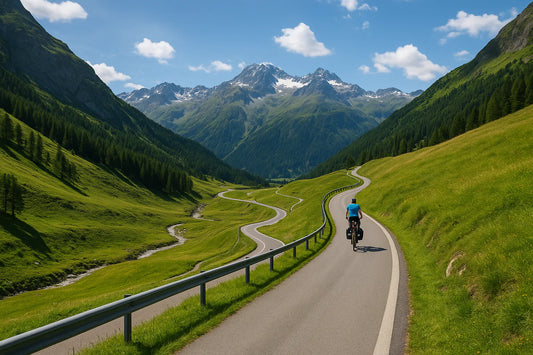 Radfahrer auf einem idyllischen Radweg durch die Schweizer Alpen mit grünen Wiesen und schneebedeckten Berggipfeln im Hintergrund