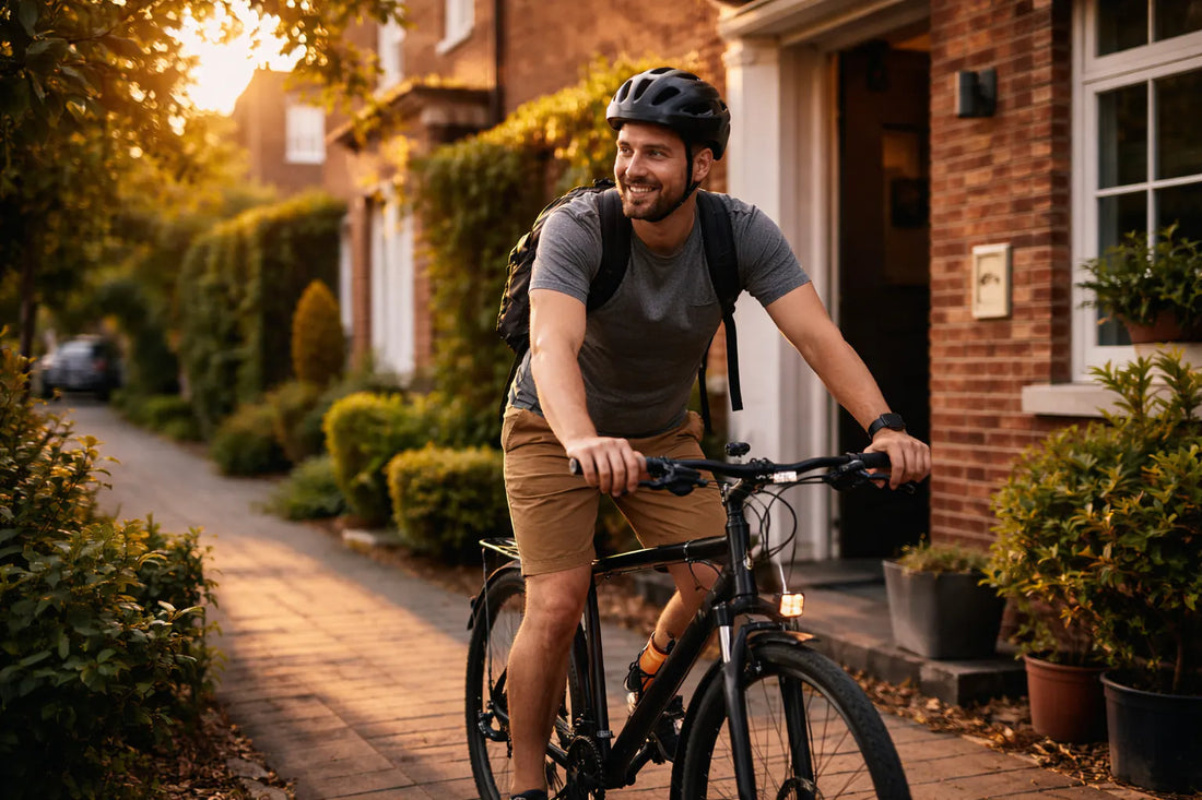 Ein Radfahrer startet zu einer kurzen Fahrrad-Runde im Alltag nach der Arbeit