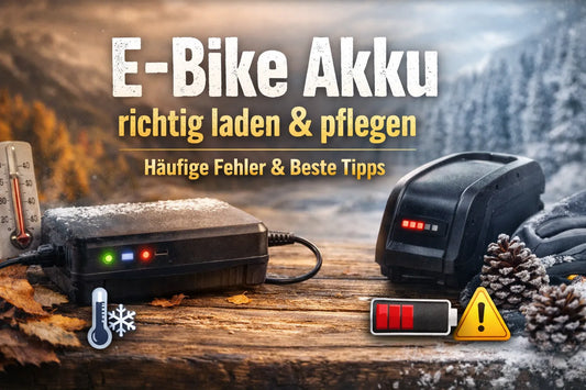E-Bike Akku laden im Winter – Ladegerät und Akku auf Holztisch mit Schnee, Tipps für richtiges Laden und längere Akku-Lebensdauer