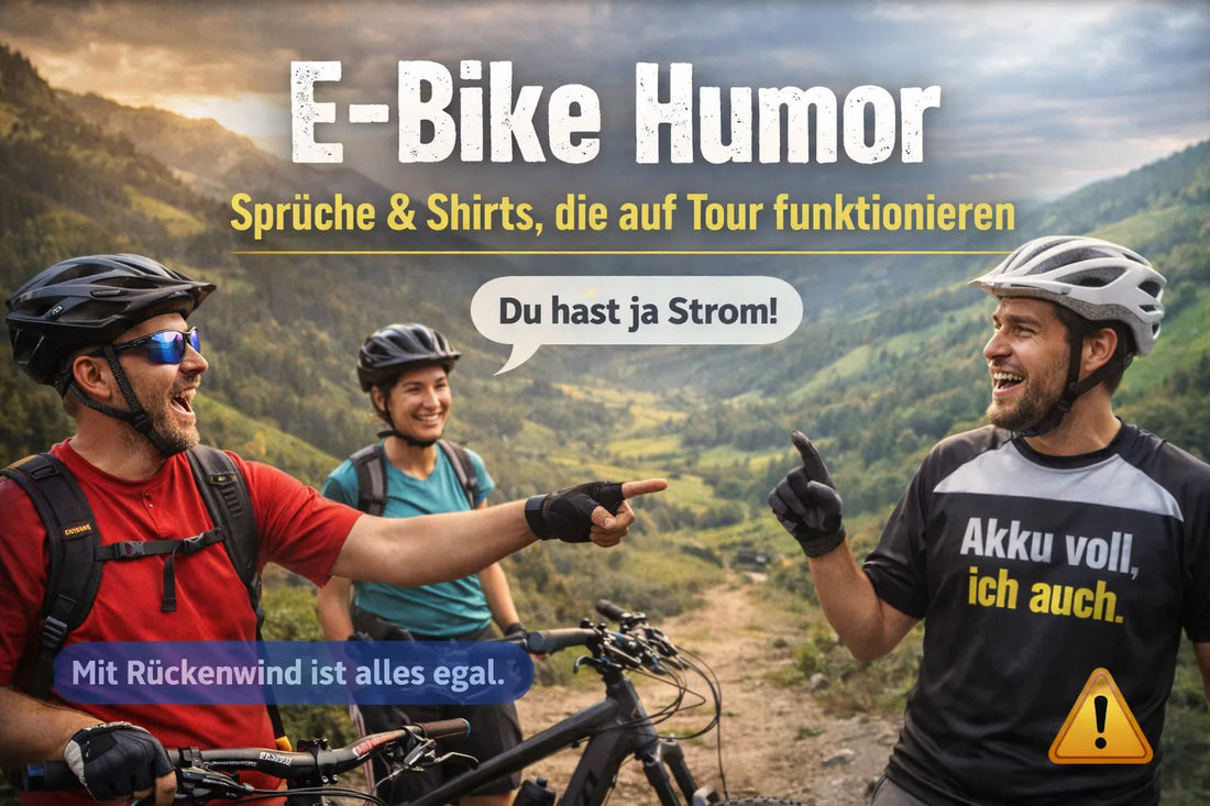 E-Bike Humor auf Mountainbike Tour – Radfahrer lachen über Sprüche wie „Du hast ja Strom“ und „Akku voll, ich auch“