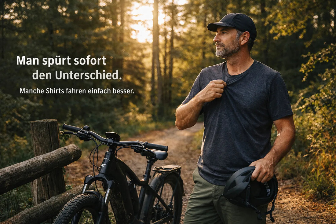 Mann mit E-Bike auf Waldweg trägt bequemes T-Shirt – warum richtige Kleidung beim E-Bike fahren den Unterschied macht