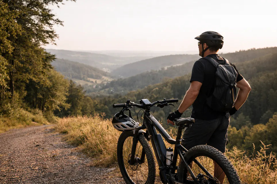 E-Bike Fahrer auf einer Bergtour mit Blick über das Tal – typische E-Bike Tour in den Bergen