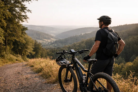 E-Bike Fahrer auf einer Bergtour mit Blick über das Tal – typische E-Bike Tour in den Bergen