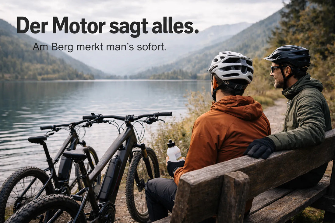 Der Motor sagt alles: Zwei E-Bikes am Bergsee – Unterschied im Fahrgefühl wird sofort spürbar