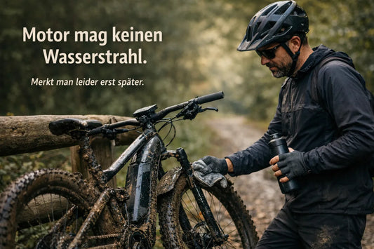 E-Bike Fahrer reinigt ein verschmutztes E-Bike im Wald – Motor sollte nicht mit starkem Wasserstrahl gereinigt werden
