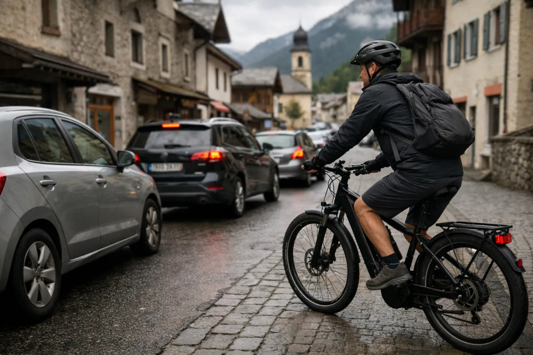 E-Bike im Alltag – Fahrer navigiert durch Stadtverkehr bei Regen zwischen Autos