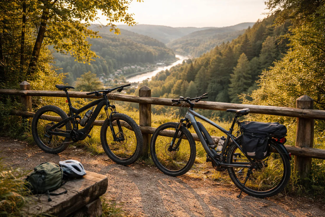 E-MTB vs. Trekking E-Bike im Vergleich – zwei Fahrräder am Trail mit Blick über Tal und Fluss