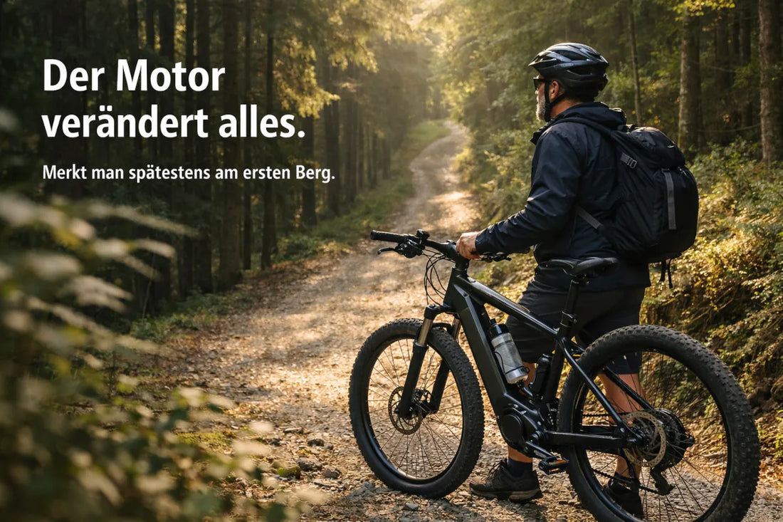 E-Bike Fahrer auf Waldweg am Berg – der Motor verändert das Fahrgefühl beim Anstieg