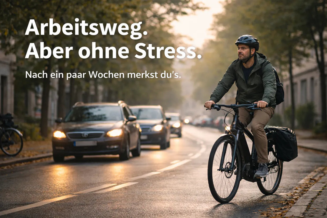 E-Bike Pendler fährt morgens entspannt zur Arbeit, während Autos im Stau stehen – stressfreier Arbeitsweg mit dem Fahrrad
