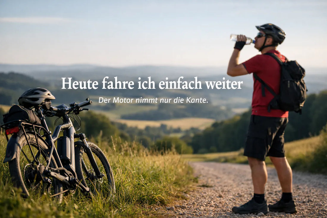 E-Bike Fahrer macht Pause in den Bergen – mehr Reichweite, mehr Freiheit auf jeder Tour