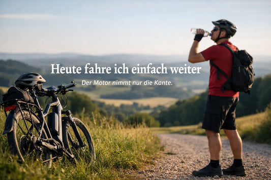 E-Bike Fahrer macht Pause in den Bergen – mehr Reichweite, mehr Freiheit auf jeder Tour