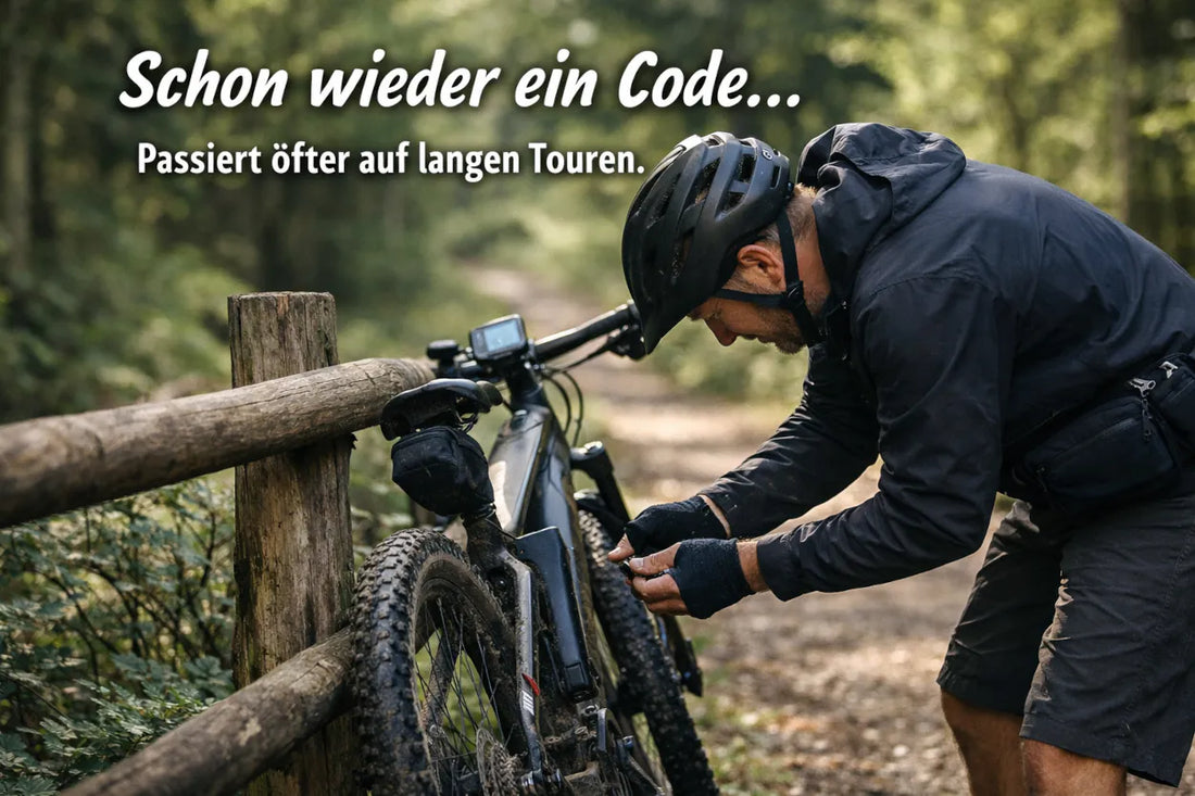 E-Bike Fahrer prüft sein Fahrrad auf einem Waldweg nachdem ein Fehlercode im Display erscheint