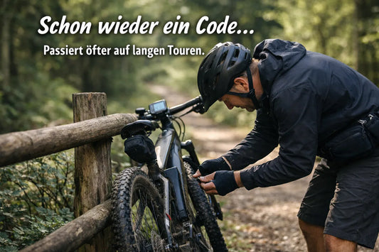 E-Bike Fahrer prüft sein Fahrrad auf einem Waldweg nachdem ein Fehlercode im Display erscheint