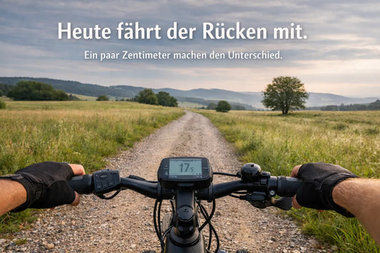 E-Bike Fahrer Perspektive auf Lenker und Display bei einer Fahrt mit ergonomischer Sitzposition
