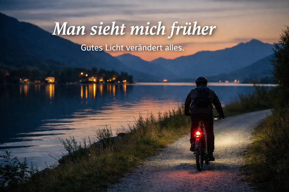 E-Bike Fahrer mit Beleuchtung auf dunklem Radweg bei Abenddämmerung