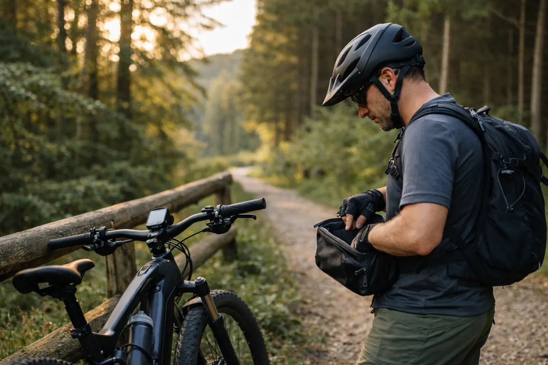 E-Bike Fahrer überprüft Ausrüstung bei einer Pause auf einem Waldweg während einer längeren Tour