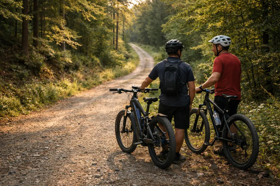 Zwei Radfahrer mit E-Bike und Bio-Bike auf einer Waldstraße – Unterschied zwischen E-Bike und normalem Fahrrad