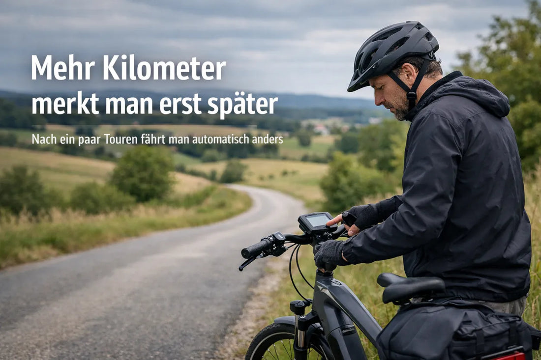 E-Bike Reichweite im Alltag – Fahrer kontrolliert Akku und Kilometer auf einer längeren Tour