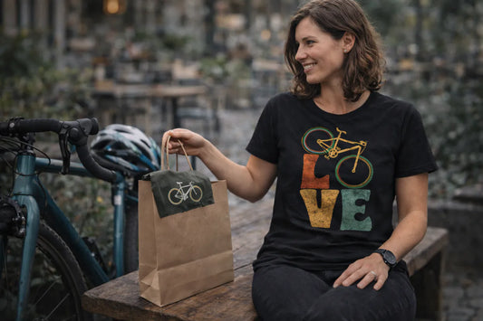 Radfahrerin sitzt mit Fahrrad vor einem Café und trägt ein schwarzes LOVE Fahrrad-T-Shirt – Geschenkidee für Radfahrerinnen.