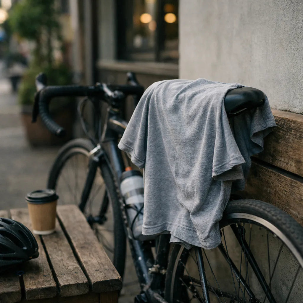 Fahrradpause im urbanen Alltag – schlichtes T-Shirt liegt über dem Sattel