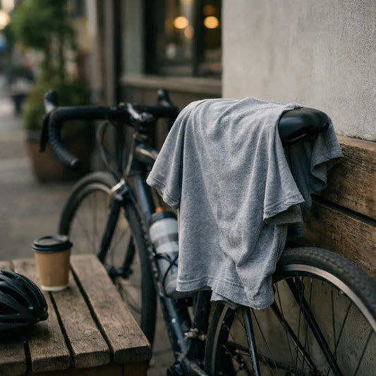 Fahrradpause im urbanen Alltag – schlichtes T-Shirt liegt über dem Sattel