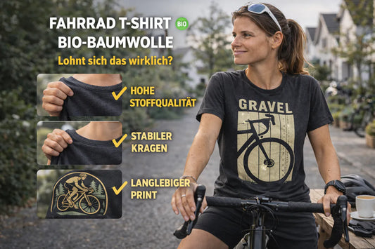 Frau mit Fahrrad trägt dunkelgraues Fahrrad T-Shirt aus Bio-Baumwolle, Fokus auf Stoffqualität, stabilem Kragen und langlebigem Print im Alltag.