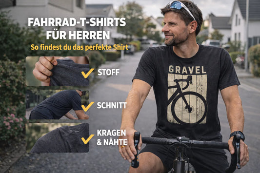Mann im Fahrrad T-Shirt mit Gravel-Motiv lehnt auf Rennrad in ruhigem Vorstadtviertel – Hero Bild für Fahrrad T-Shirt Herren Ratgeber.