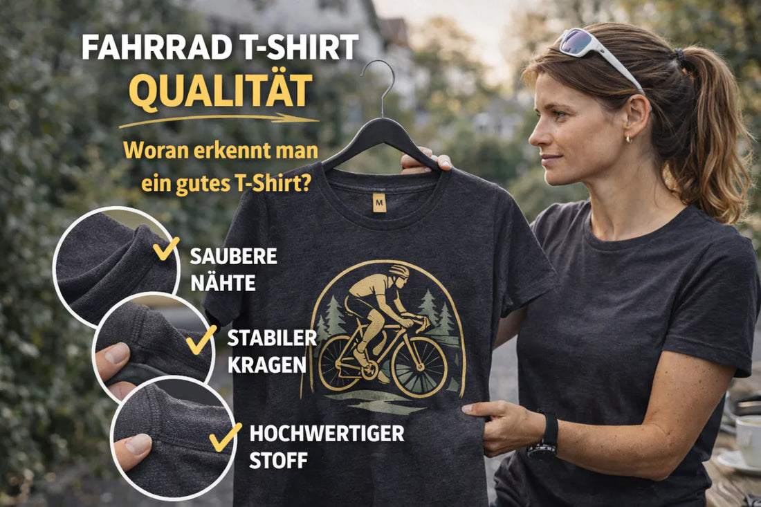 Junge Frau prüft im Tageslicht die Stoffqualität eines Fahrrad-T-Shirts (Kragen und Nähte) – Motivbild zum Blog „Fahrrad T-Shirt Qualität: Woran erkennt man ein gutes T-Shirt?“