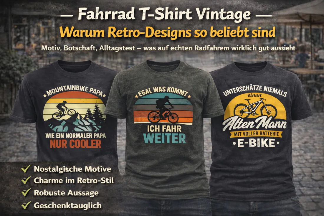 Drei Vintage Fahrrad T-Shirts von Pedalfreude mit Retro-Designs und der Überschrift „Fahrrad T-Shirt Vintage“.