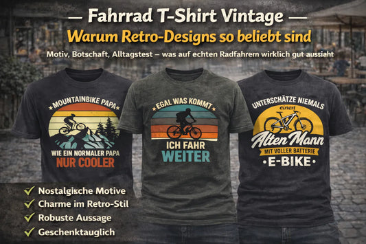 Drei Vintage Fahrrad T-Shirts von Pedalfreude mit Retro-Designs und der Überschrift „Fahrrad T-Shirt Vintage“.