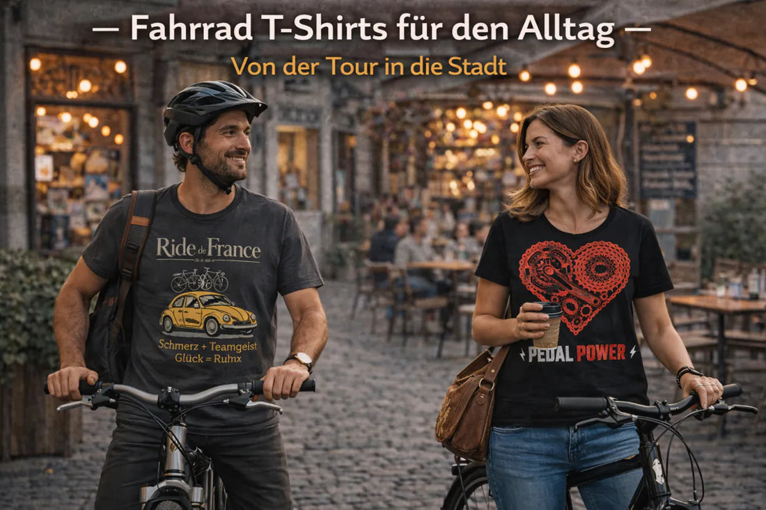 Lifestyle-Hero: Paar mit Fahrrädern vor Café, „Ride de France“-Shirt und „Pedal Power“-Herzdesign – Fahrrad T-Shirts für den Alltag.