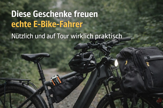 E-Bike auf Waldweg mit Gepäcktaschen und Helm – Hero-Bild zum Blog über praktische Geschenke für E-Bike-Fahrer.